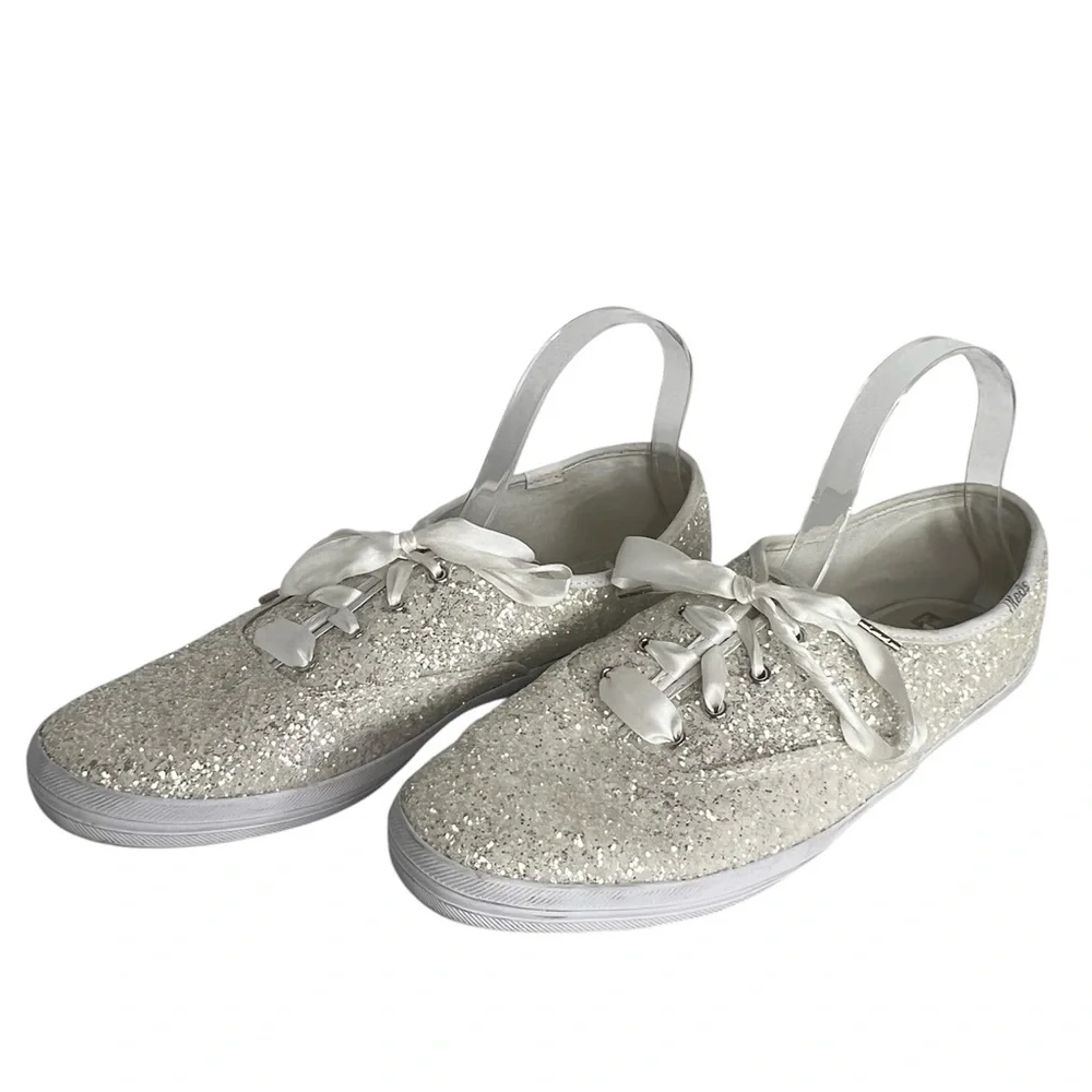 Keds X Kate Spade White Glitter Champion Lace-Up Sneakers Wedding Prom Sz 11 - Picture 1 of 8